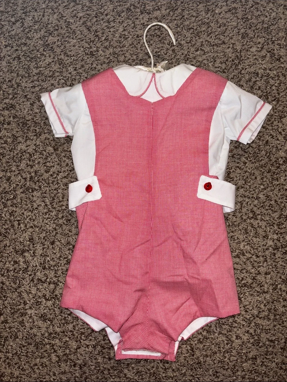 White & Red Smocked Infant 2 Piece Bubble with Ladybug Embroidery